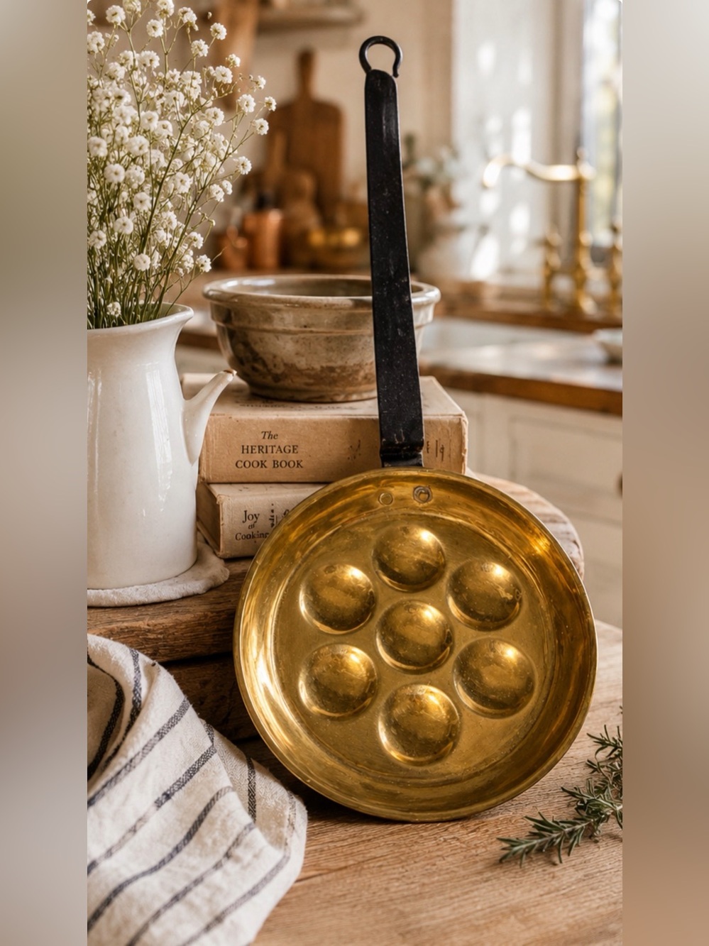 Vintage Brass Æbleskiver Danish Pancake Pan 7 Cup Iron Handle